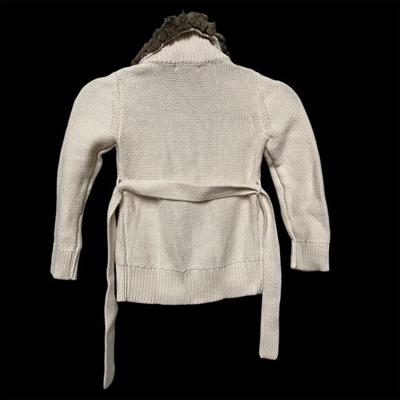 Gap Kids Belted Cardigan Sweater Girls S Cream Chunky Cable Knit Faux Fur Collar - Picture 2 of 6